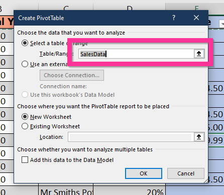 Create Pivot Table dialogue box