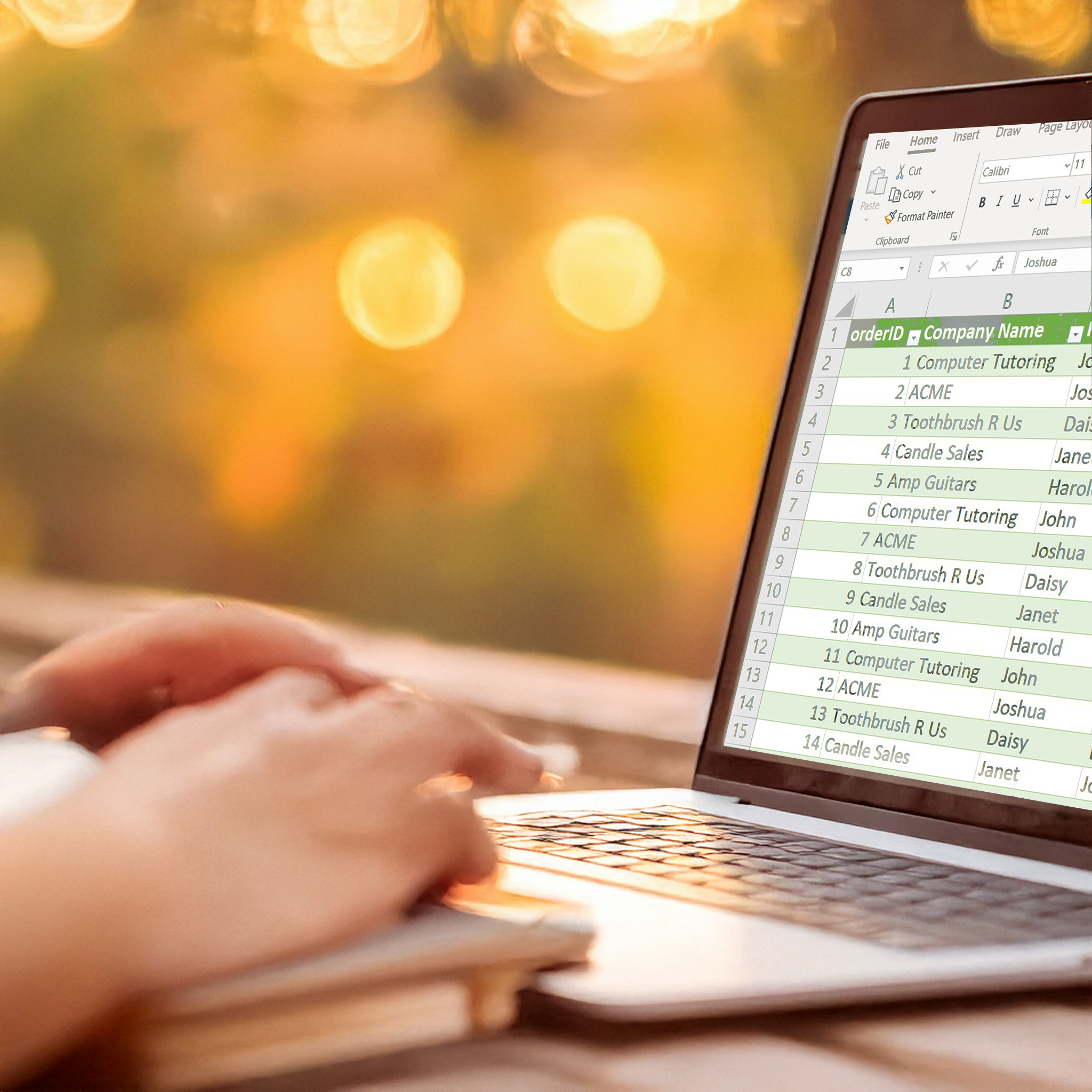 A person working on a laptop outdoors during sunset, with an Excel spreadsheet open displaying a table of company names and order IDs. The warm, blurred background creates a relaxed and productive atmosphere, symbolising remote work or data management in a peaceful setting.